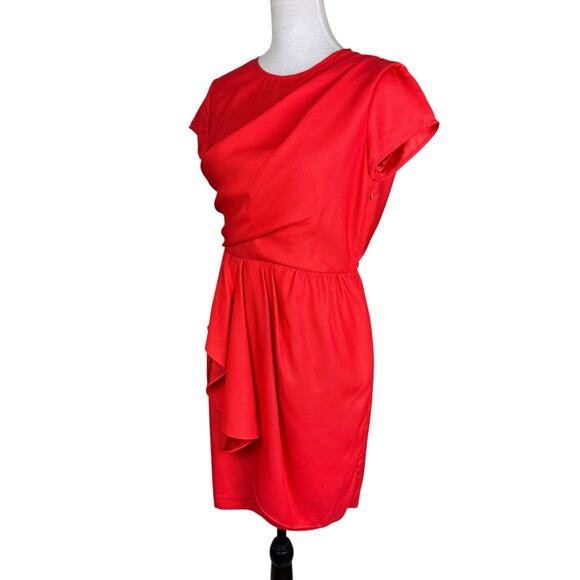 Julie Dillon Red Orange Textured Satin Crossover Sash Short Sleeve Sheath Dress - Picture 2 of 11